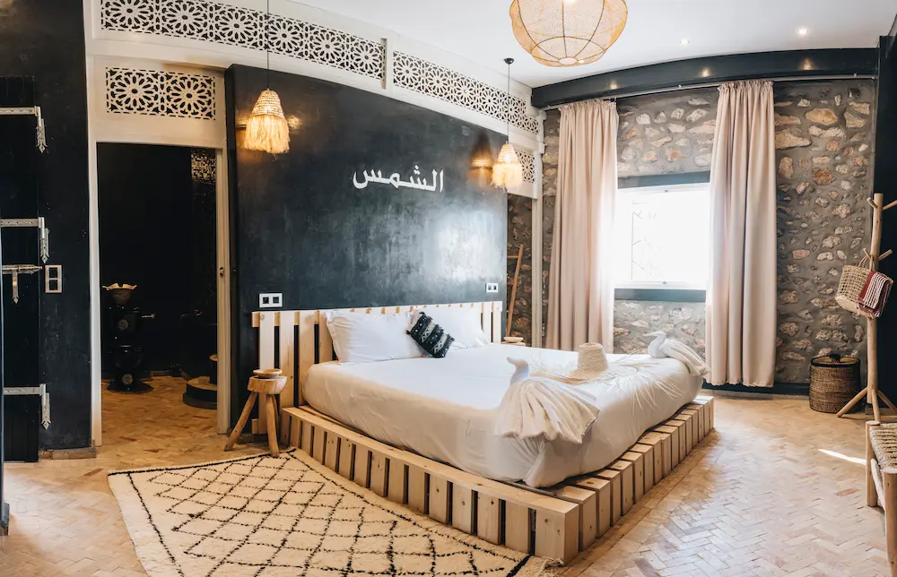 Sun Room Bed - Hotels in Taghazout at The Yogi Surfer in Taghazout Bay, Morocco.