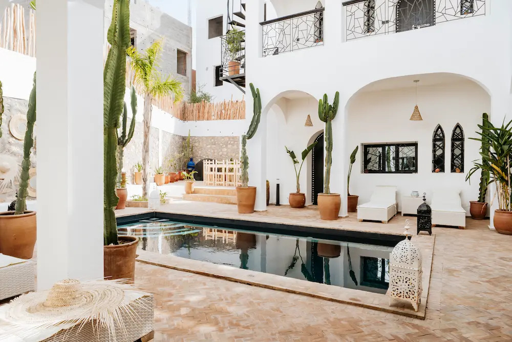 Moroccan Villa Pool Courtyard Terrace at The Yogi Surfer in Taghazout Bay, Morocco.