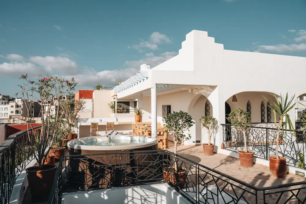 Rooftop Villa Terrace Jacuzzi View at The Yogi Surfer in Taghazout Bay, Morocco.