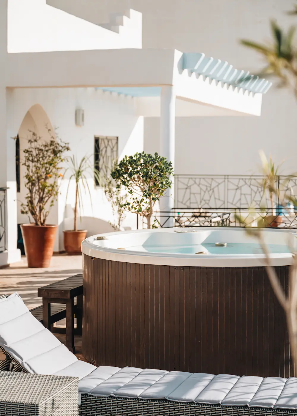 Villa Rooftop Terrace Hot Tub Lounge at The Yogi Surfer in Taghazout Bay, Morocco.